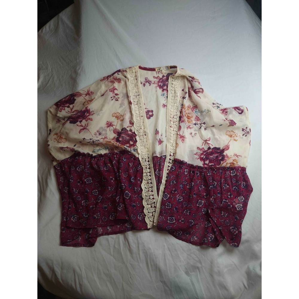Jolt Kimono Cardigan Womens L Floral Lace Trim Boho Festival Resort Cottagecore